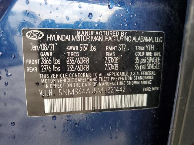 5NMS64AJ8MH321442 - 2021 HYUNDAI SANTA FE SEL BLUE photo 14
