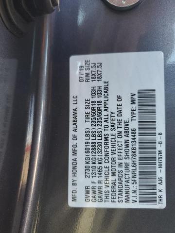 5FNRL6H78KB134486 - 2019 HONDA ODYSSEY EXL GRAY photo 13