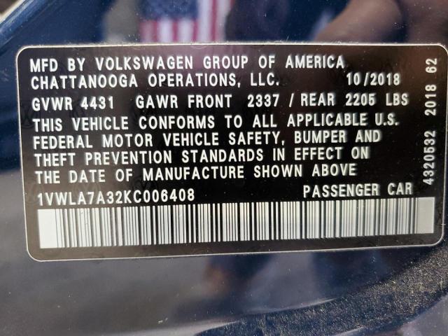 1VWLA7A32KC006408 - 2019 VOLKSWAGEN PASSAT WOLFSBURG BLUE photo 12