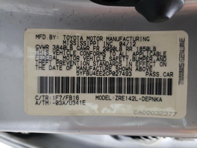 5YFBU4EE2CP027493 - 2012 TOYOTA COROLLA BASE 银色 照片 13