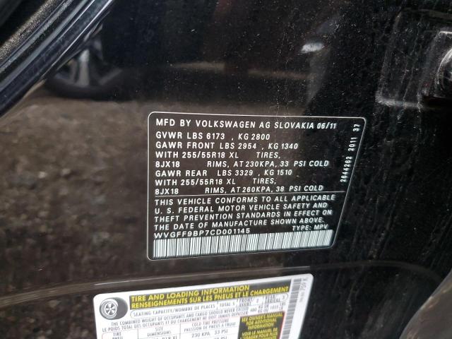 WVGFF9BP7CD001145 - 2012 VOLKSWAGEN TOUAREG V6 黑色 照片 12