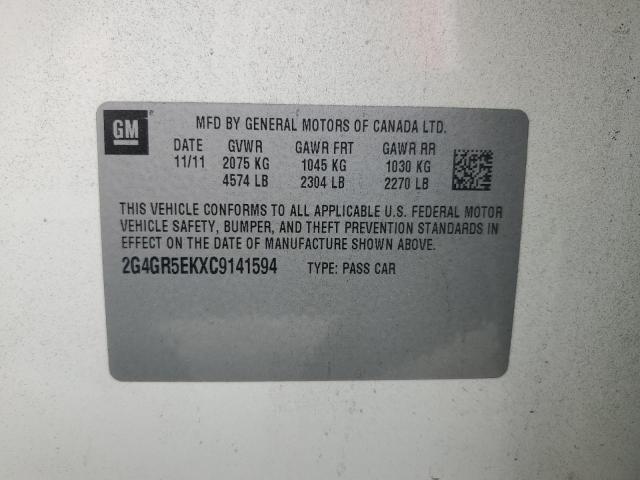 2G4GR5EKXC9141594 - 2012 BUICK REGAL WHITE photo 12