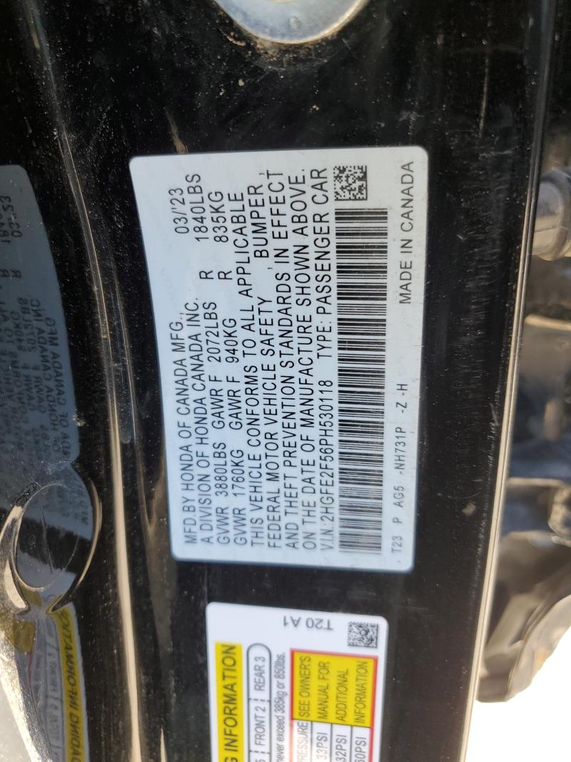 2HGFE2F56PH530118 - 2023 HONDA CIVIC SPORT BLACK photo 12