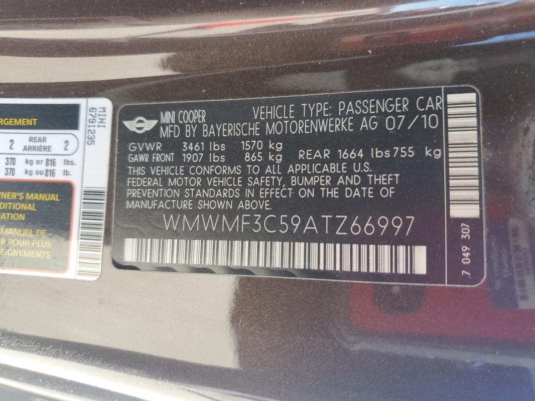 WMWMF3C59ATZ66997 - 2010 MINI COOPER BROWN photo 12
