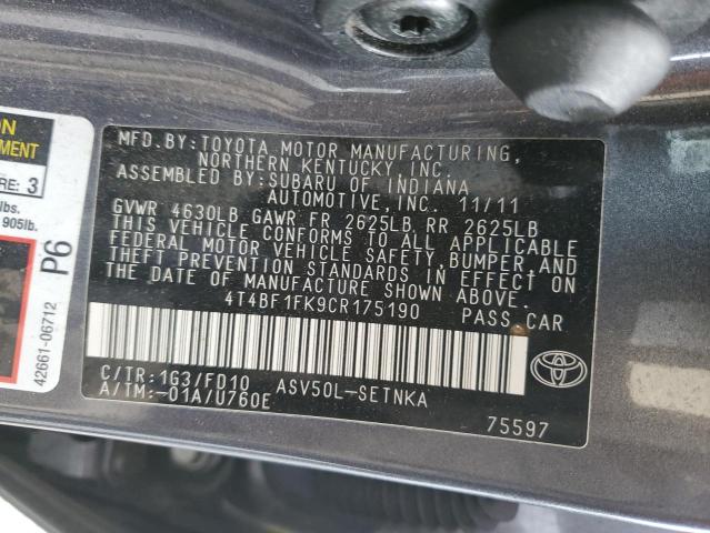 4T4BF1FK9CR175190 - 2012 TOYOTA CAMRY BASE GRAY photo 12