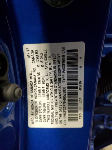 2HGFC2F79HH532003 - 2017 HONDA CIVIC EX BLUE photo 12