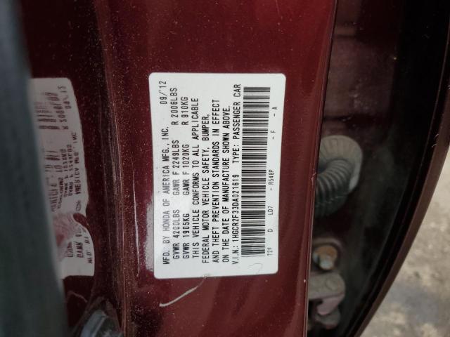 1HGCR2F33DA021619 - 2013 HONDA ACCORD LX BURGUNDY photo 12