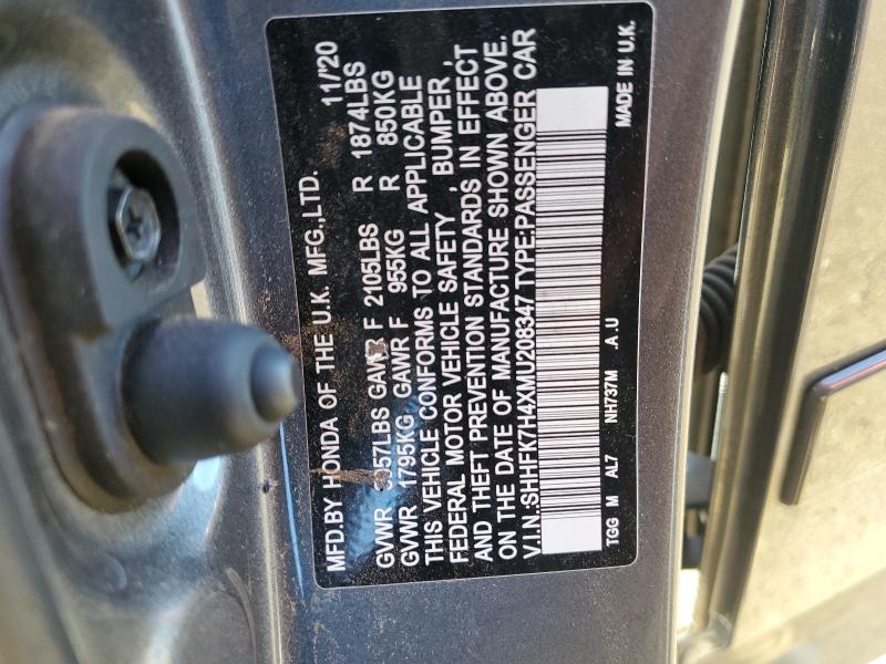 SHHFK7H4XMU208347 - 2021 HONDA CIVIC SPORT ნაცრისფერი ფოტო 12