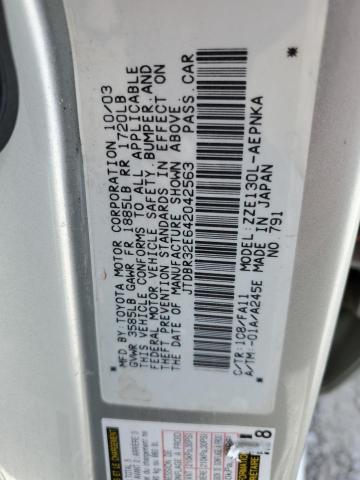 JTDBR32E642042563 - 2004 TOYOTA COROLLA CE 银色 照片 12