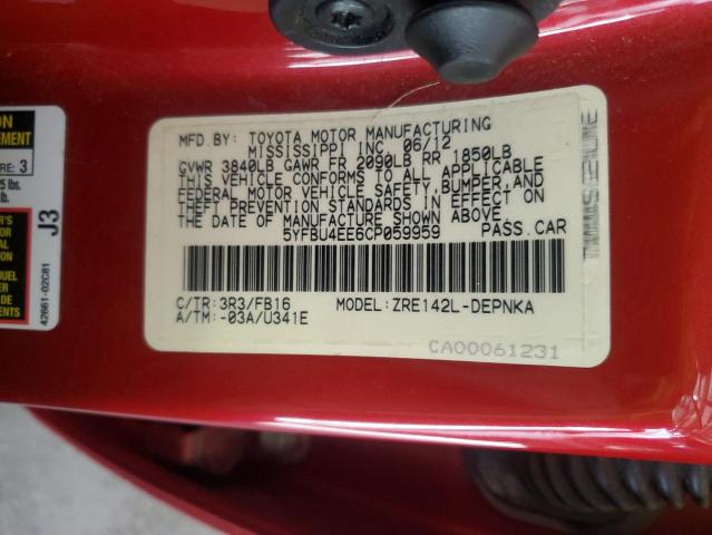 5YFBU4EE6CP059959 - 2012 TOYOTA COROLLA BASE Червоний фото 12