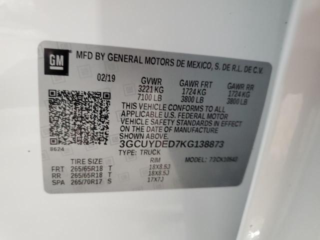 3GCUYDED7KG138873 - 2019 CHEVROLET SILVERADO K1500 LT 白色 照片 12