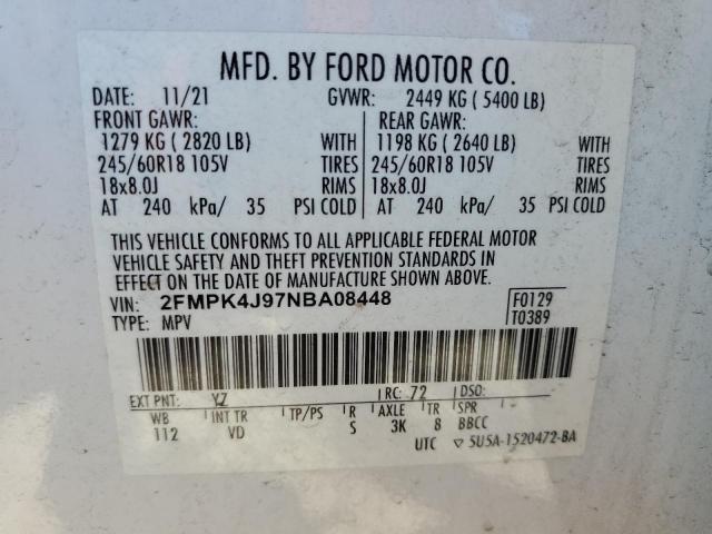 2FMPK4J97NBA08448 - 2022 FORD EDGE SEL WHITE photo 13