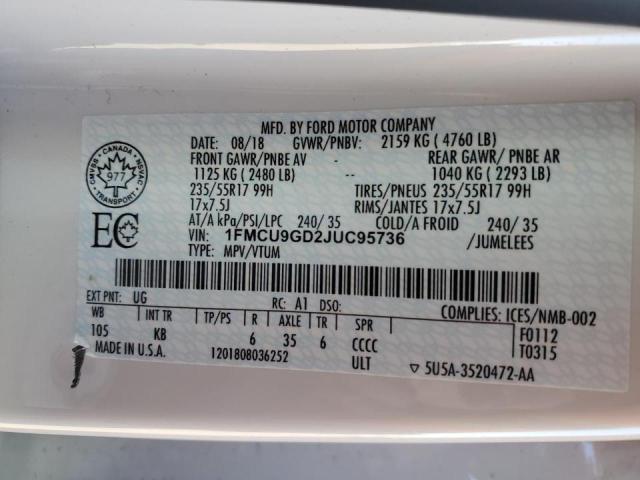 1FMCU9GD2JUC95736 - 2018 FORD ESCAPE SE Beyaz fotoğraf 12