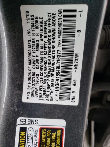 1HGFA16949L016377 - 2009 HONDA CIVIC EXL ნაცრისფერი ფოტო 13