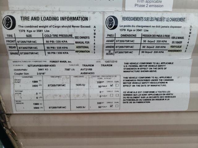 5ZT2AVKBXHB914353 - 2017 FOREST RIVER AVENGER ATI21RB 白色 照片 10