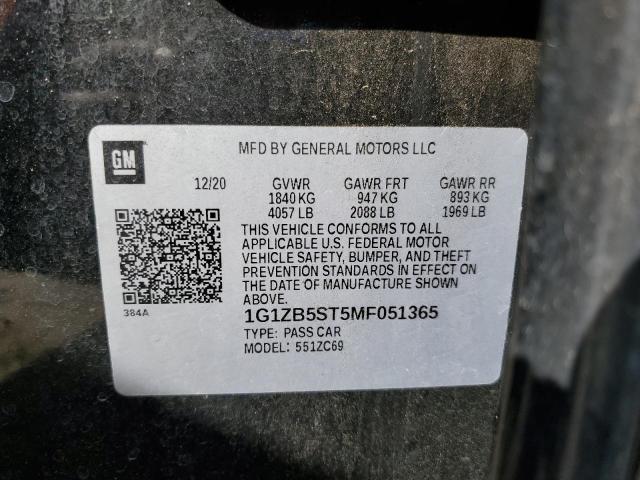 1G1ZB5ST5MF051365 - 2021 CHEVROLET MALIBU LS შავი ფოტო 12