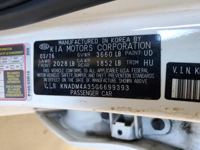 KNADM4A35G6699393 - 2016 KIA RIO LX WHITE photo 12