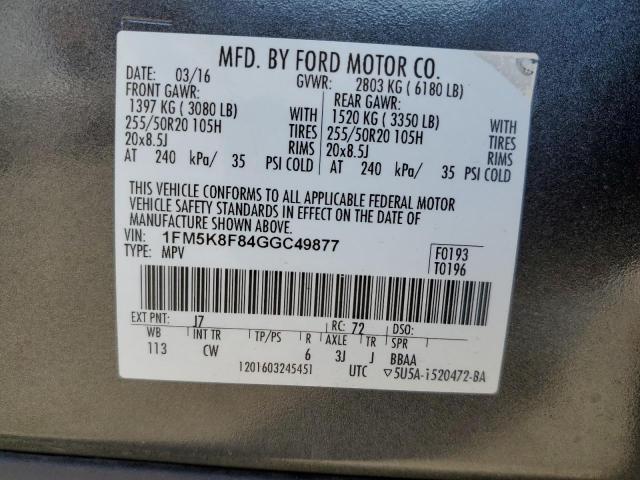 1FM5K8F84GGC49877 - 2016 FORD EXPLORER LIMITED GRAY photo 13