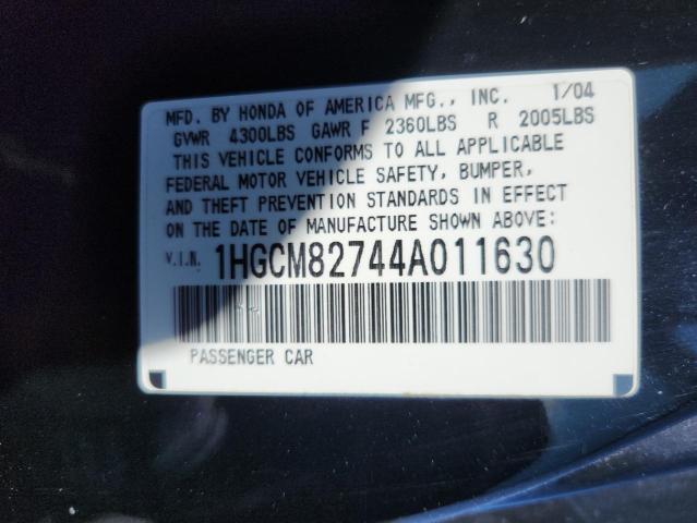 1HGCM82744A011630 - 2004 HONDA ACCORD EX შავი ფოტო 12