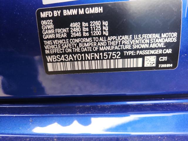 WBS43AY01NFN15752 - 2022 BMW M3 COMPETITION BLUE photo 12