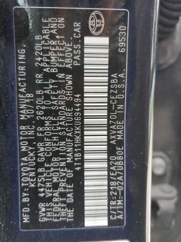 4T1B11HKXKU694494 - 2019 TOYOTA CAMRY L BLACK photo 12