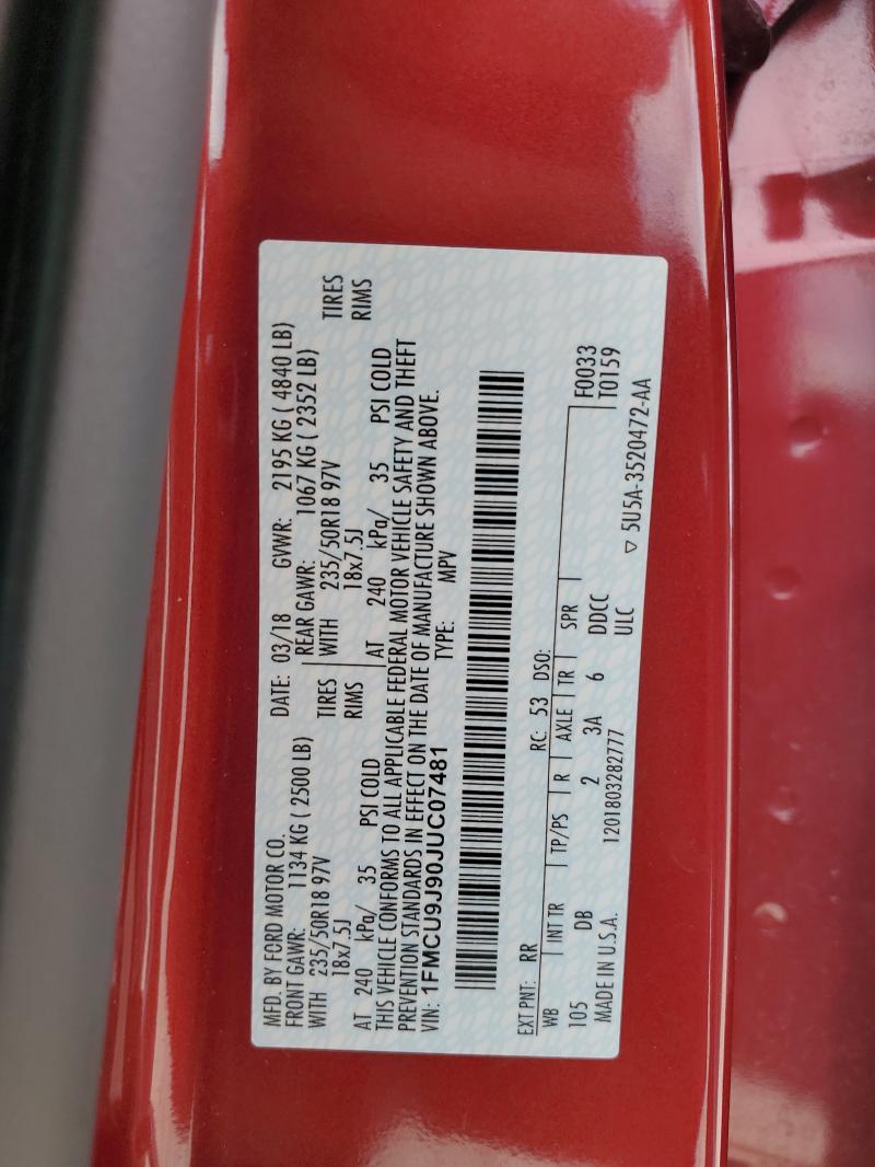 1FMCU9J90JUC07481 - 2018 FORD ESCAPE TITANIUM Czerwony zdjęcie 13