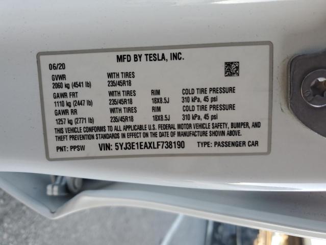 5YJ3E1EAXLF738190 - 2020 TESLA MODEL 3 WHITE photo 13