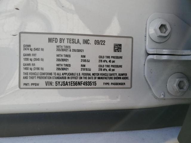 5YJSA1E56NF493515 - 2022 TESLA MODEL S WHITE photo 12