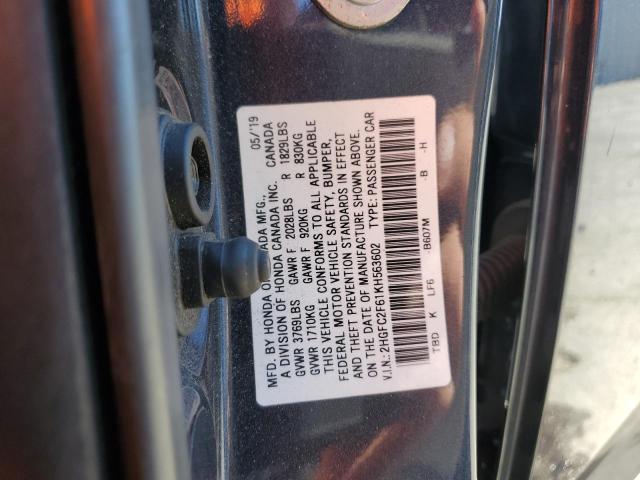 2HGFC2F61KH563602 - 2019 HONDA CIVIC LX შავი ფოტო 13