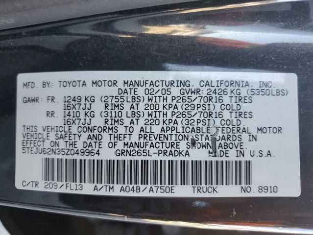 5TEJU62N35Z049964 - 2005 TOYOTA TACOMA DOUBLE CAB PRERUNNER BLACK photo 12