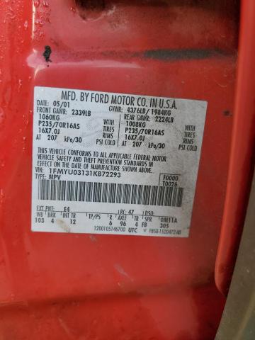 1FMYU03131KB72293 - 2001 FORD ESCAPE XLT RED photo 13