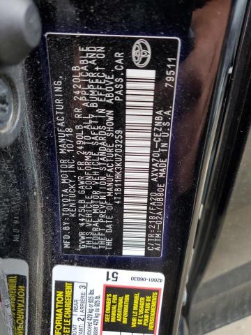 4T1B11HK3KU703259 - 2019 TOYOTA CAMRY L BLACK photo 12