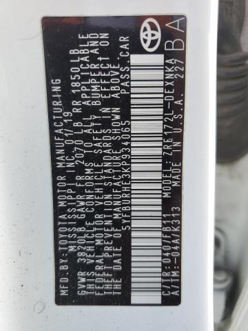 5YFBURHE3KP934065 - 2019 TOYOTA COROLLA L WHITE photo 12