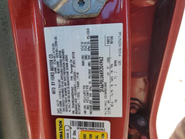 3FA6P0LU6KR204962 - 2019 FORD FUSION SE Tünd qırmızı foto 13