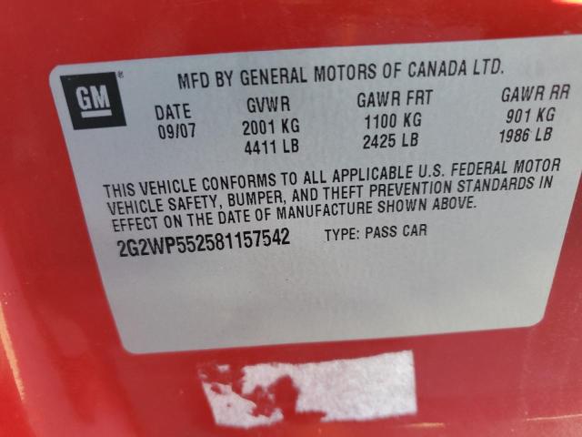 2G2WP552581157542 - 2008 PONTIAC GRAND PRIX Rouge photo 12