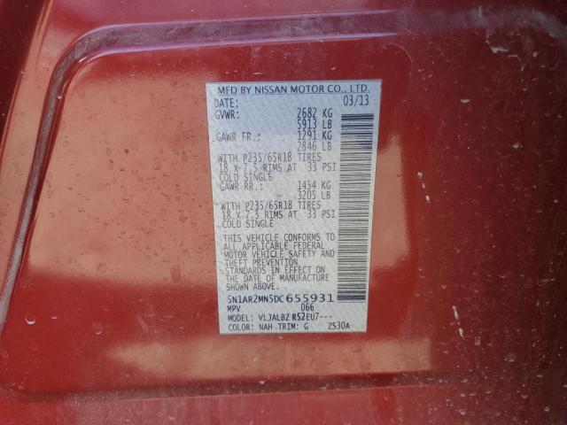 5N1AR2MN5DC655931 - 2013 NISSAN PATHFINDER S Czerwony zdjęcie 13