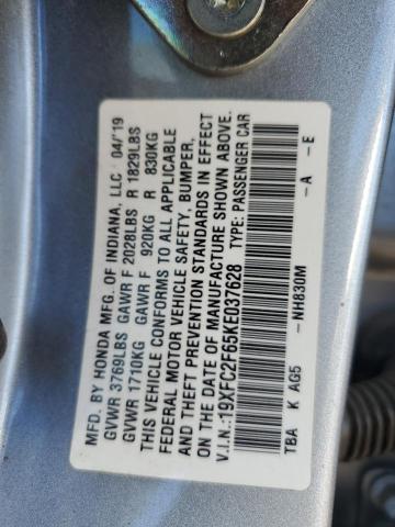 19XFC2F65KE037628 - 2019 HONDA CIVIC LX 银色 照片 12