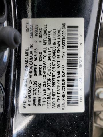 2HGFC2F83KH504777 - 2019 HONDA CIVIC SPORT Qara foto 12