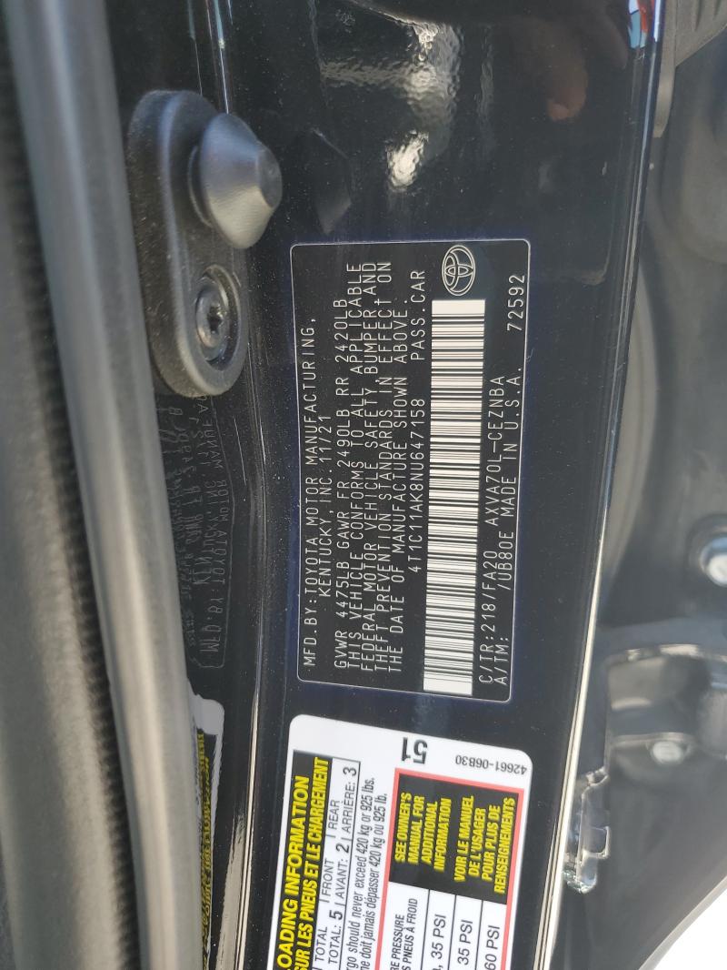 4T1C11AK8NU647158 - 2022 TOYOTA CAMRY LE BLACK photo 12