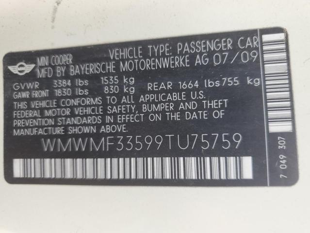 WMWMF33599TU75759 - 2009 MINI COOPER BEIGE photo 12