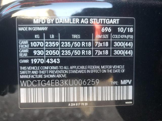 WDCTG4EB3KU006259 - 2019 MERCEDES-BENZ GLA 250 Қара фото 13