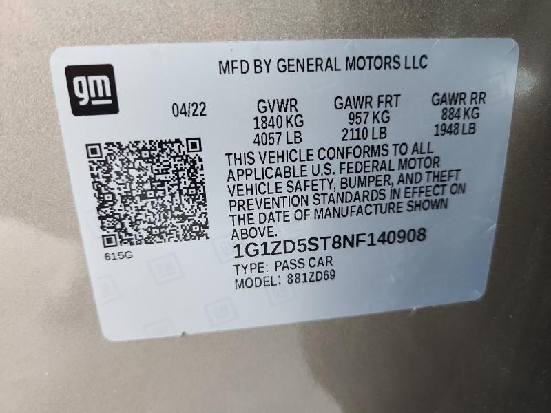 1G1ZD5ST8NF140908 - 2022 CHEVROLET MALIBU LT 米色 照片 12