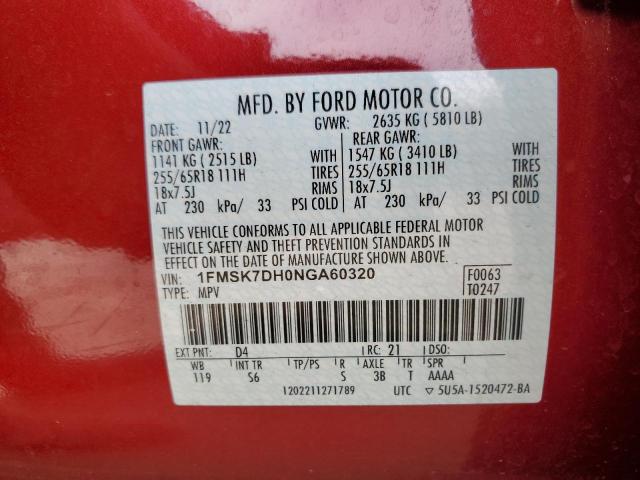 1FMSK7DH0NGA60320 - 2022 FORD EXPLORER XLT Қызыл фото 13