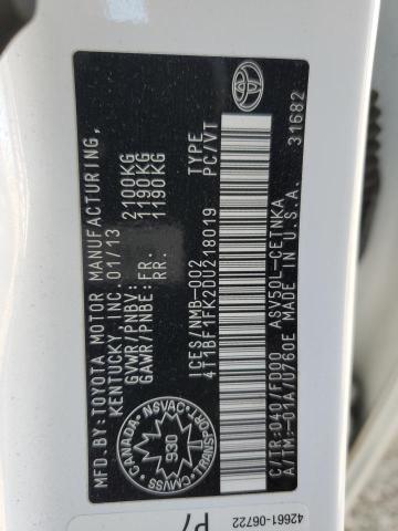 4T1BF1FK2DU218019 - 2013 TOYOTA CAMRY L WHITE photo 12