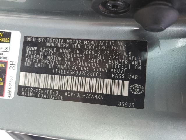 4T4BE46K99R086801 - 2009 TOYOTA CAMRY BASE GREEN photo 12