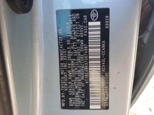 4T1BE46KX7U674987 - 2007 TOYOTA CAMRY CE ლურჯი ფოტო 12