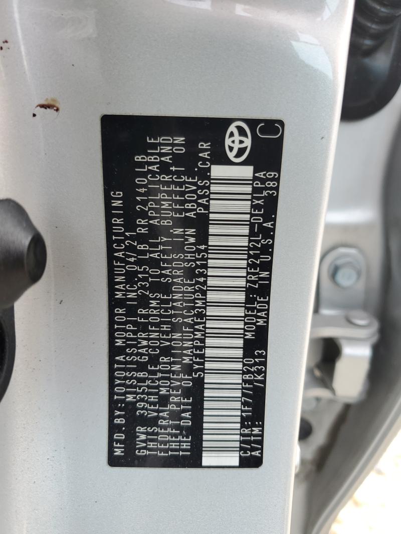 5YFEPMAE3MP243154 - 2021 TOYOTA COROLLA LE SILVER photo 12