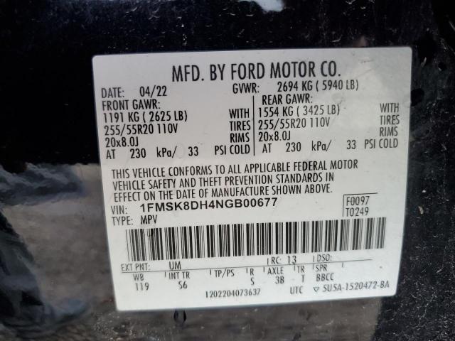 1FMSK8DH4NGB00677 - 2022 FORD EXPLORER XLT CHARCOAL photo 13