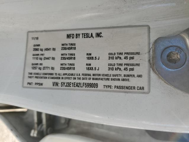 5YJ3E1EA2LF599009 - 2020 TESLA MODEL 3 WHITE photo 12