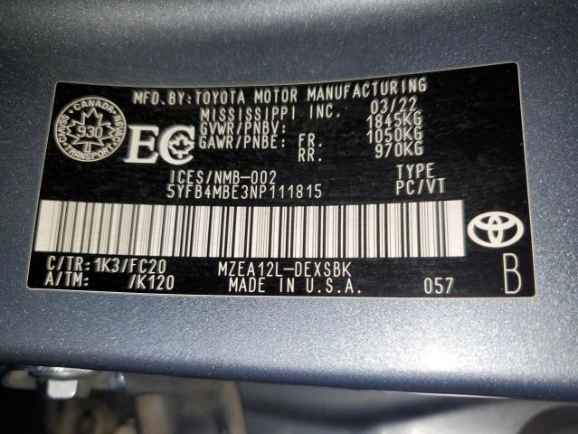 5YFB4MBE3NP111815 - 2022 TOYOTA COROLLA SE Gris foto 12